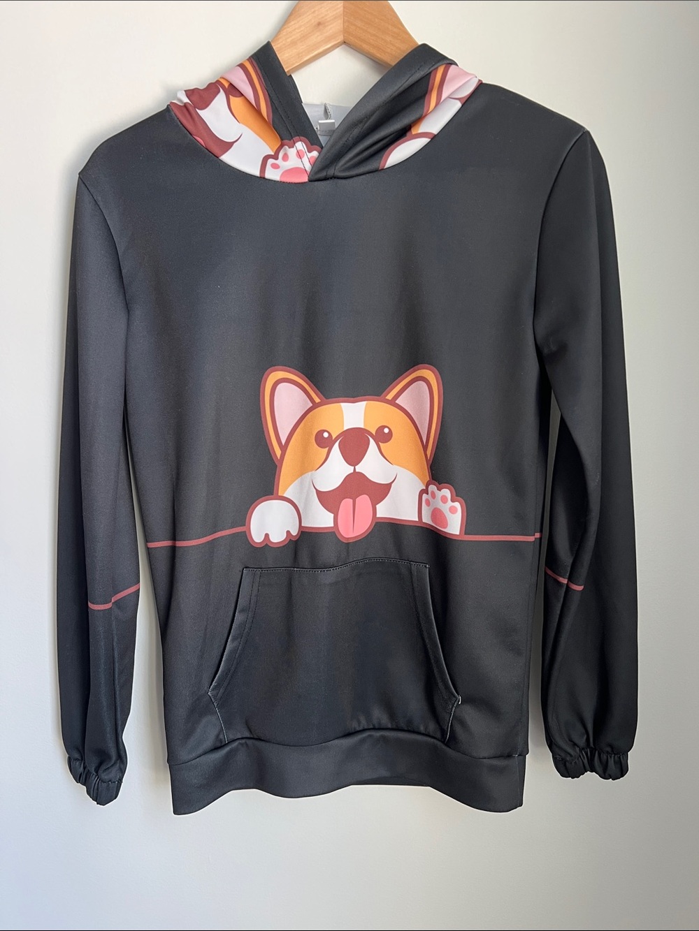 Amazon | Kids Black Hoodie with Orange & Pink Corgi Graphic Size M